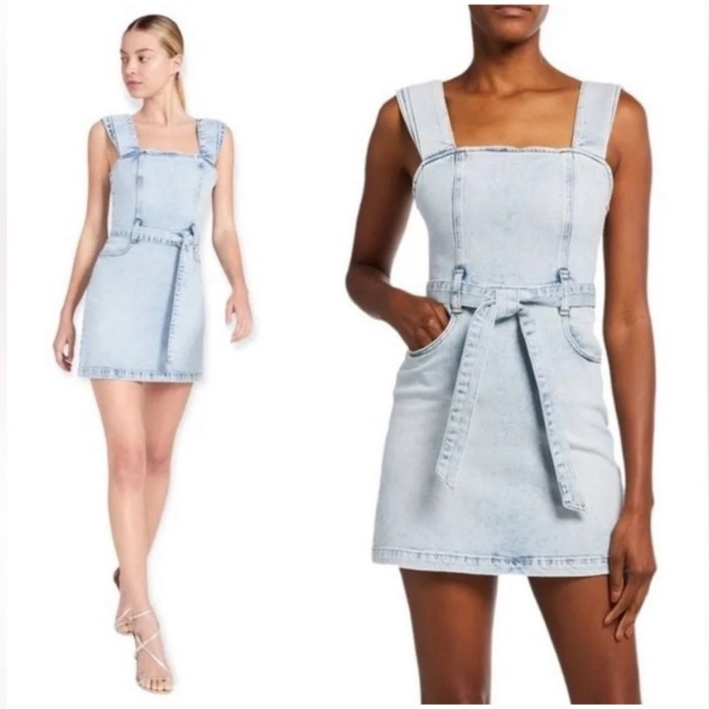 Alice + Olivia “Gorgeous” Denim Jean Lined Wide Strap Waist Tie Mini Dress